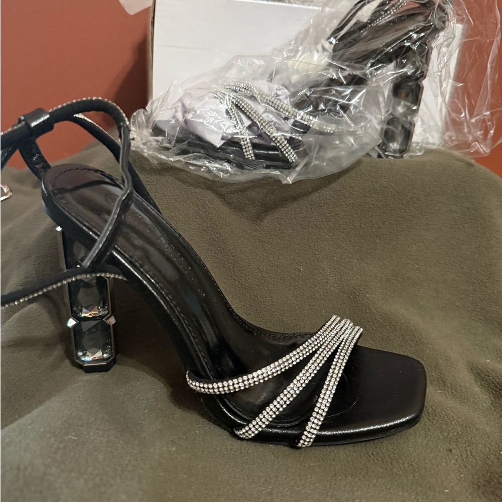 Elegant Black Strappy Heels with Rhinestone Accents 4” heel